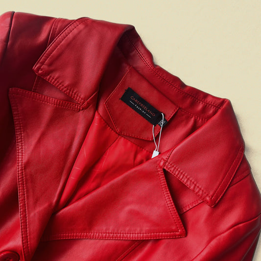 Elegant Red Genuine Leather Belted Coat Dress