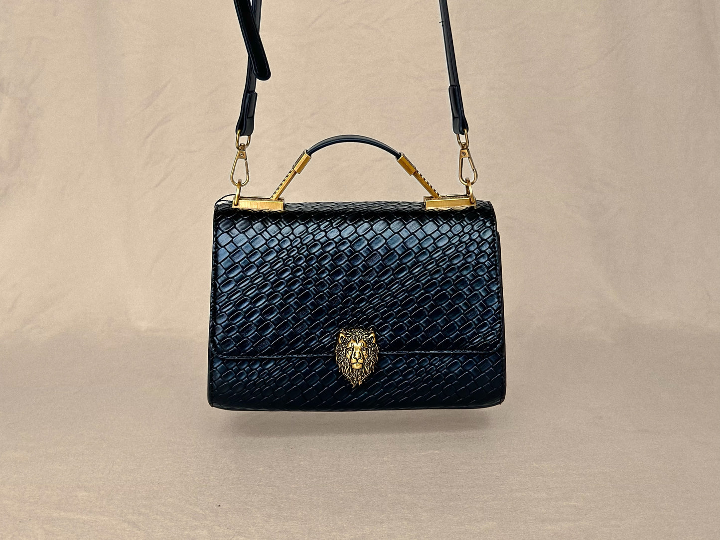 Black Lion Structured Genuine Leather Top Handle Bag