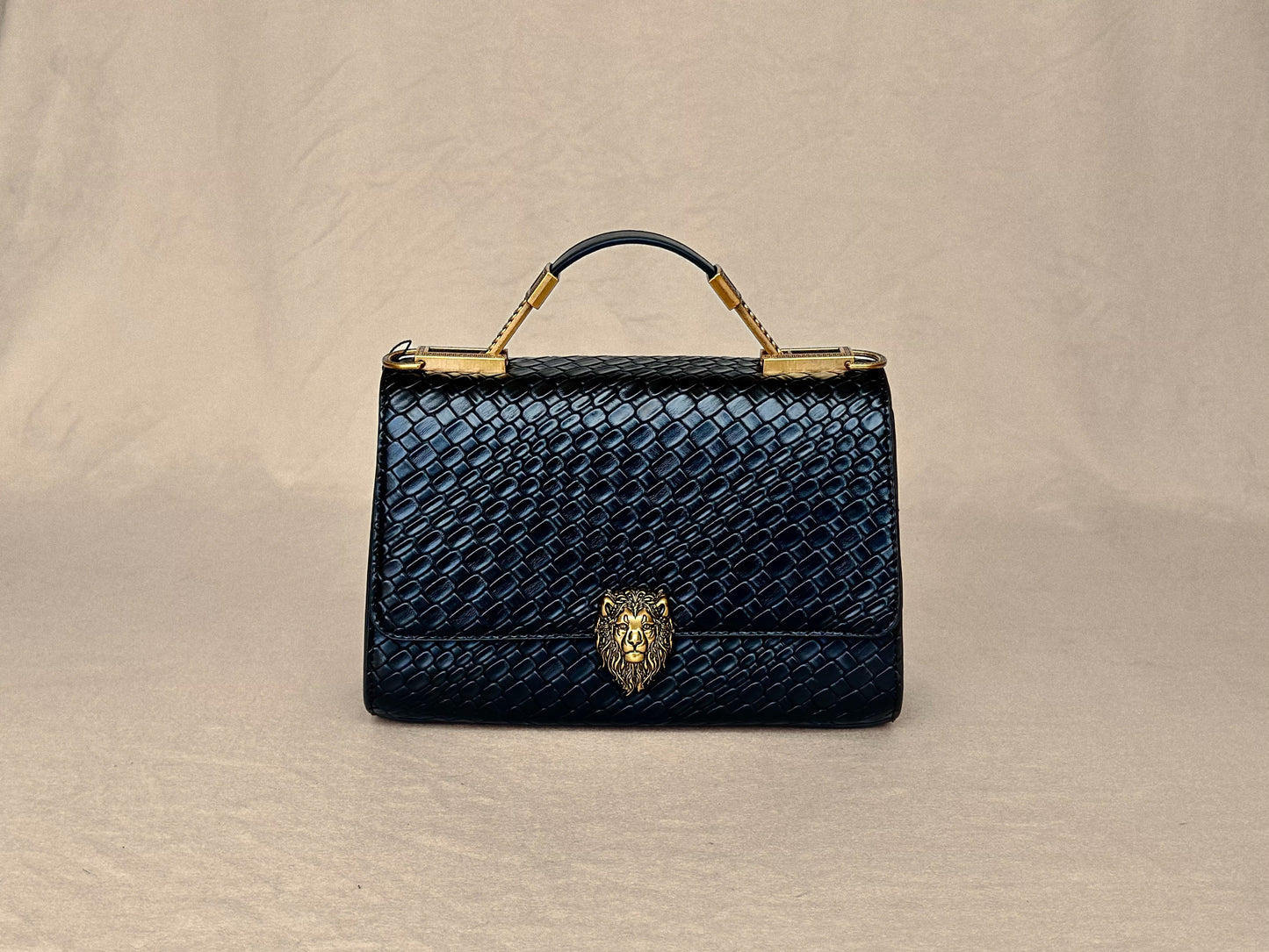 Black Lion Structured Genuine Leather Top Handle Bag