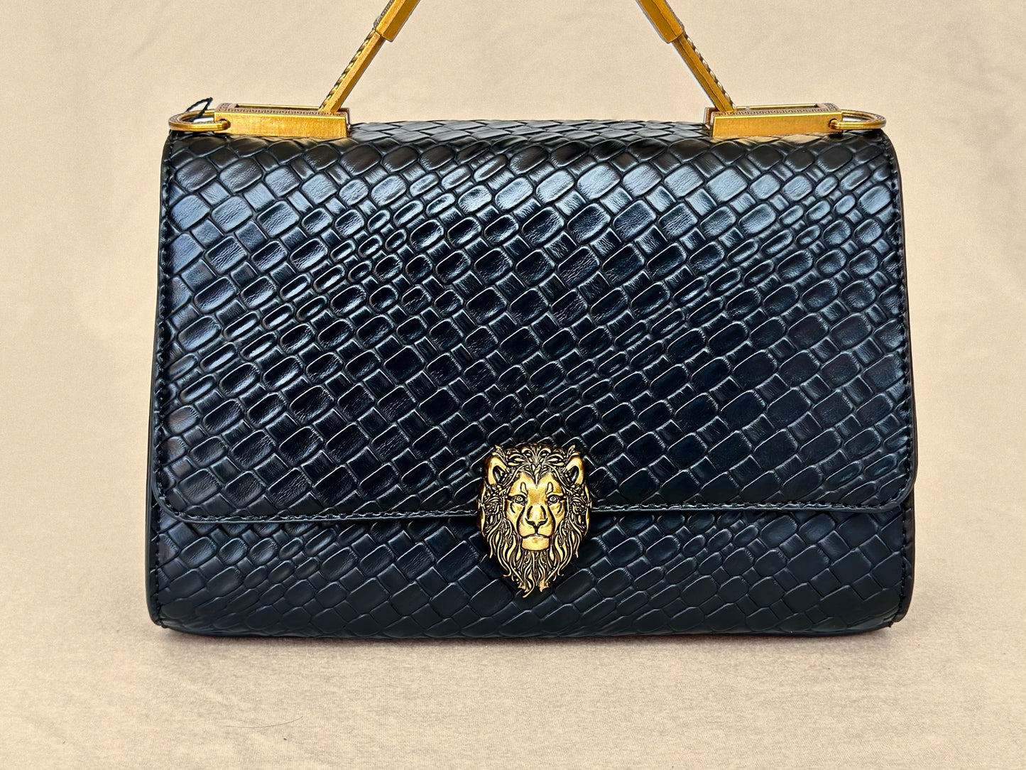 Black Lion Structured Genuine Leather Top Handle Bag