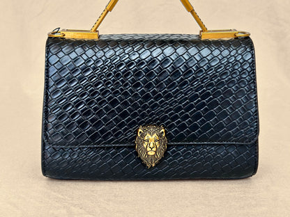 Black Lion Structured Genuine Leather Top Handle Bag