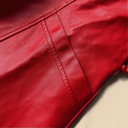 Elegant Red Genuine Leather Belted Coat Dress