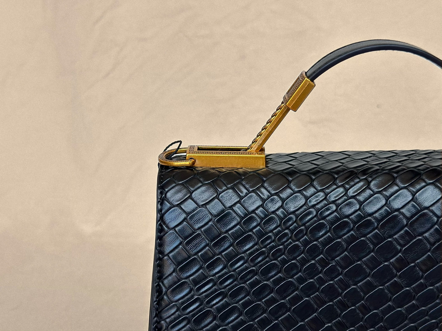 Black Lion Structured Genuine Leather Top Handle Bag