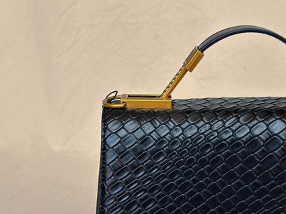 Black Lion Structured Genuine Leather Top Handle Bag
