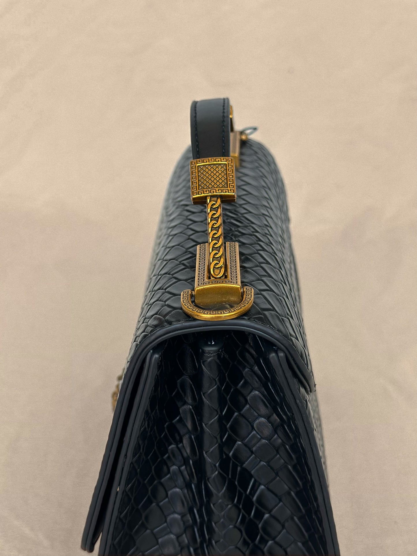 Black Lion Structured Genuine Leather Top Handle Bag