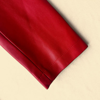 Elegant Red Genuine Leather Belted Coat Dress