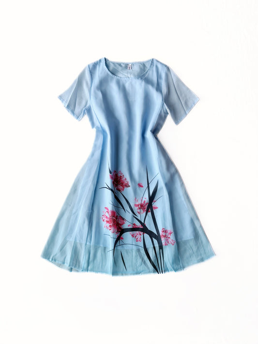 Sky Blue Brushstroke Floral Dress