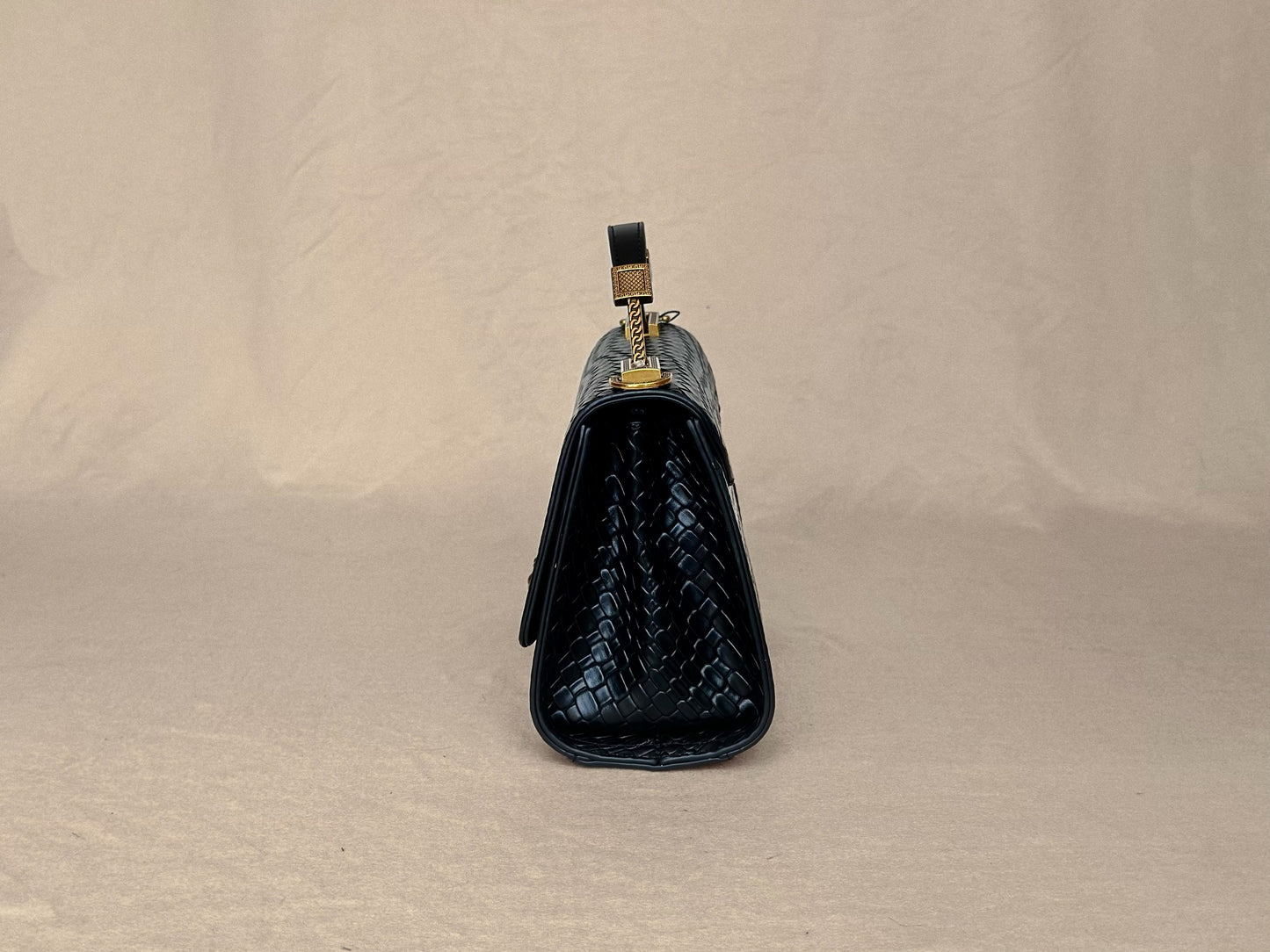 Black Lion Structured Genuine Leather Top Handle Bag