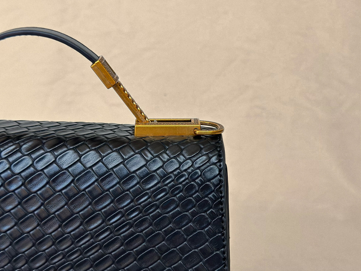 Black Lion Structured Genuine Leather Top Handle Bag