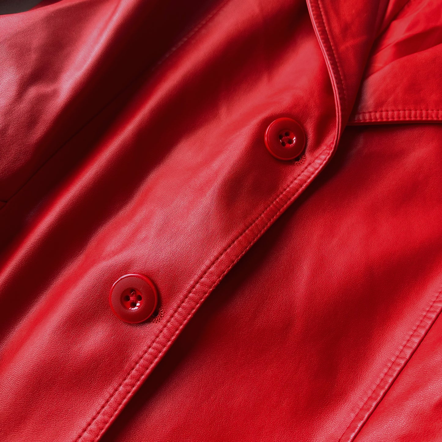 Elegant Red Genuine Leather Belted Coat Dress