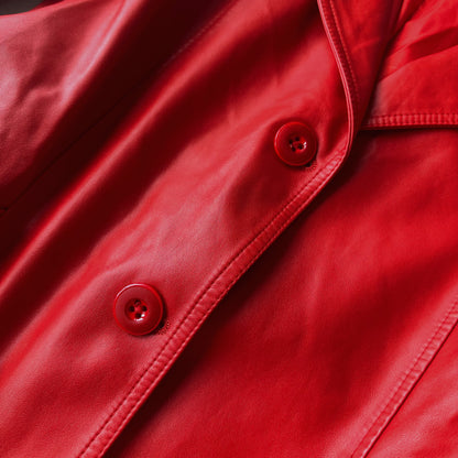 Elegant Red Genuine Leather Belted Coat Dress