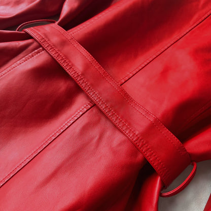 Elegant Red Genuine Leather Belted Coat Dress