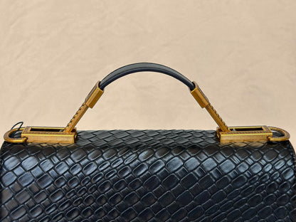 Black Lion Structured Genuine Leather Top Handle Bag