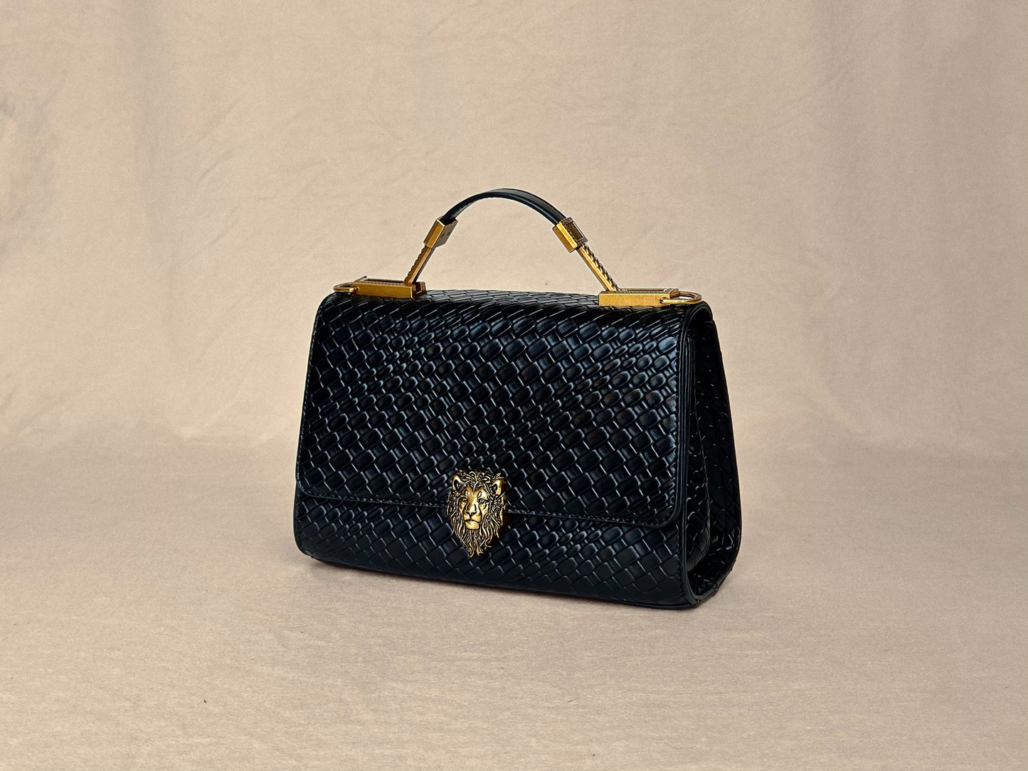 Black Lion Structured Genuine Leather Top Handle Bag