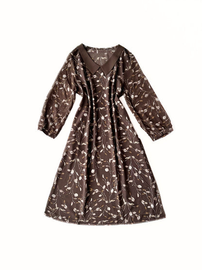 Brown Botanical Print Relaxed Dress