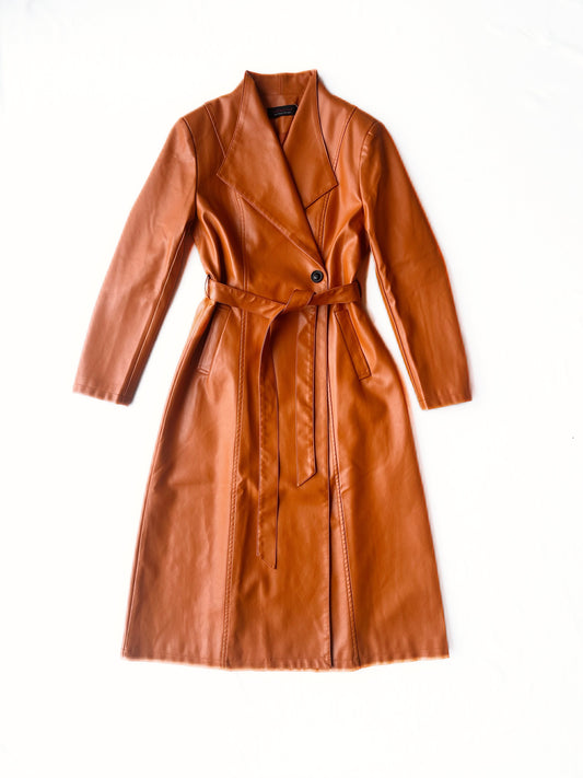 Cognac Leather Trench Coat with Belt