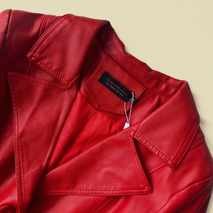 Elegant Red Genuine Leather Belted Coat Dress
