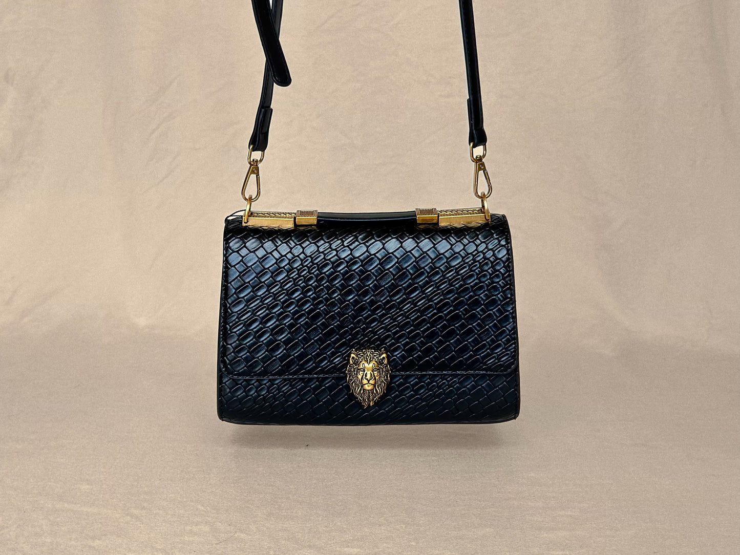 Black Lion Structured Genuine Leather Top Handle Bag