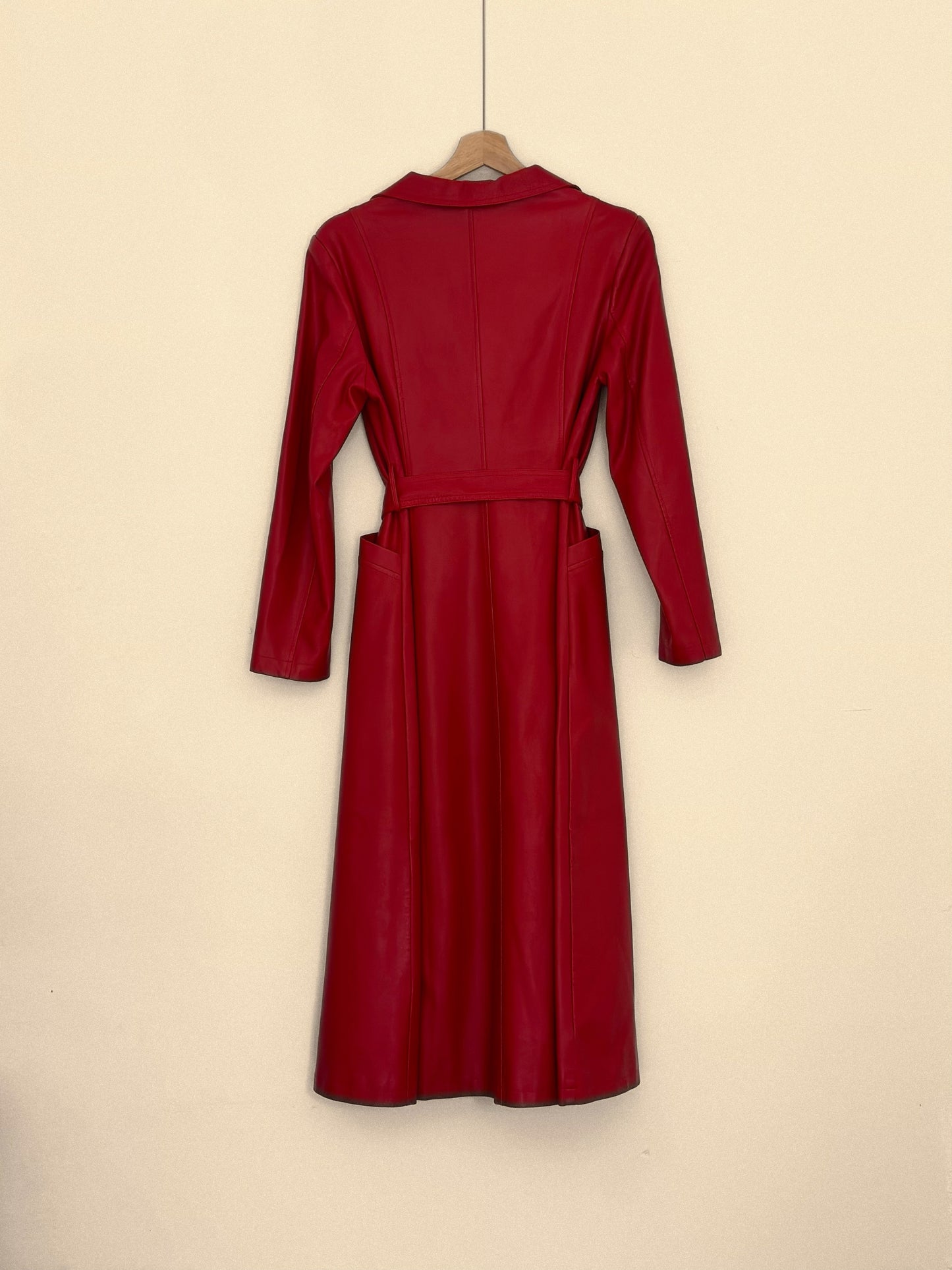 Elegant Red Genuine Leather Belted Coat Dress