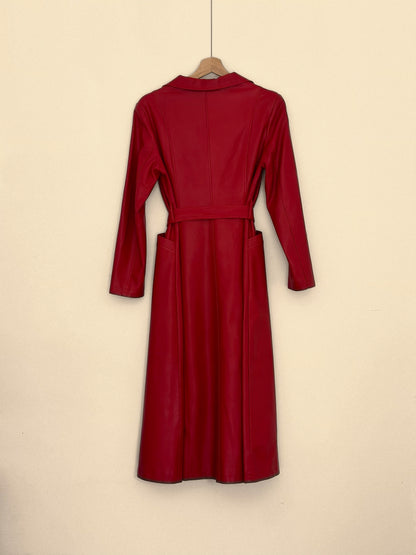 Elegant Red Genuine Leather Belted Coat Dress