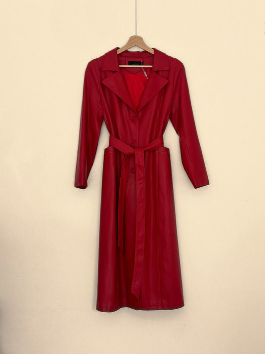 Elegant Red Genuine Leather Belted Coat Dress